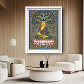 Modern living room decorated with Lord Buddha wall art canvas creating a peaceful ambiance
