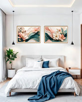 elegant lotus flower painting displayed above bed in modern bedroom