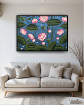 Lotus canvas painting displayed in modern living room interior