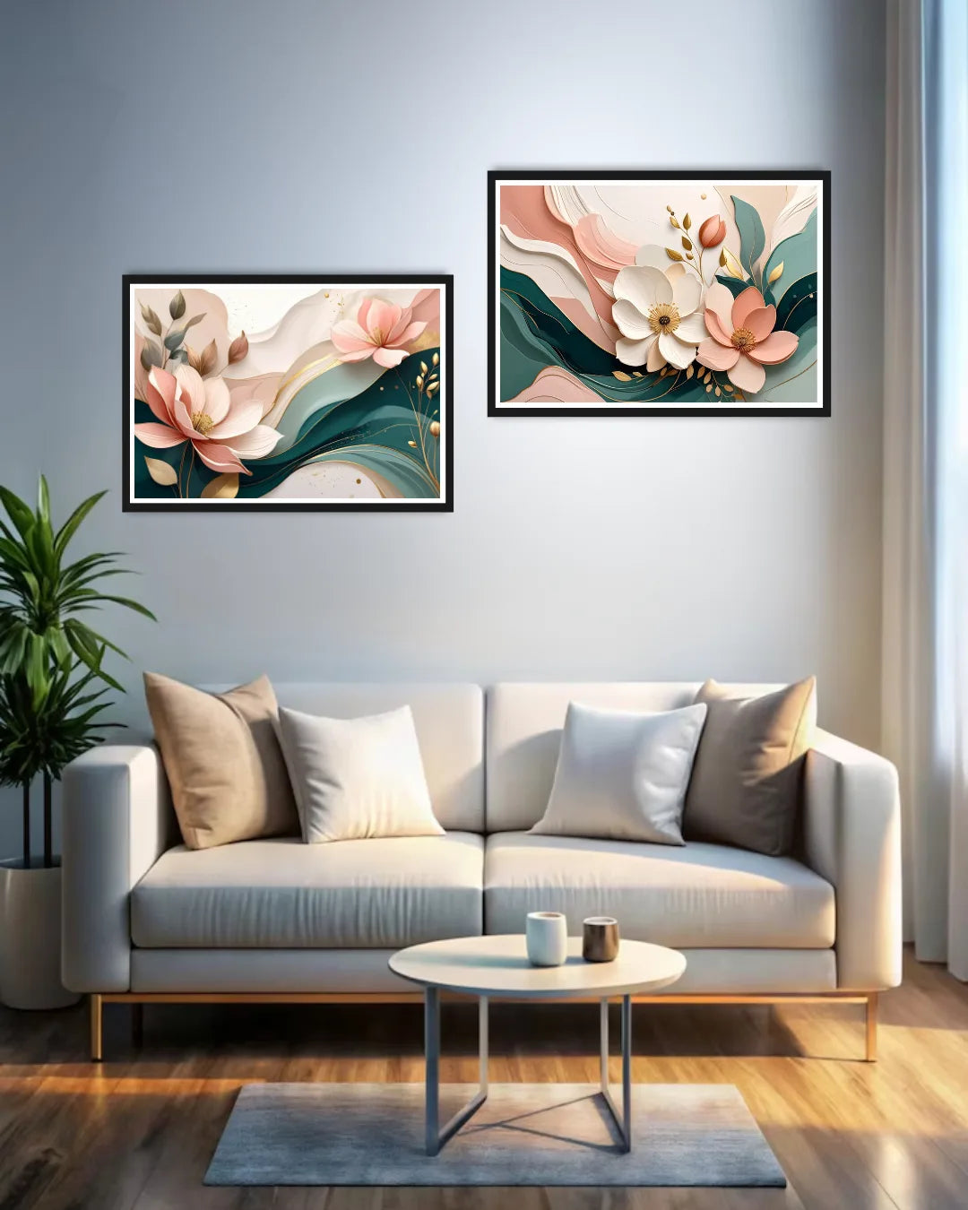 lotus floral wall art canvas displayed in modern living room with soft decor
