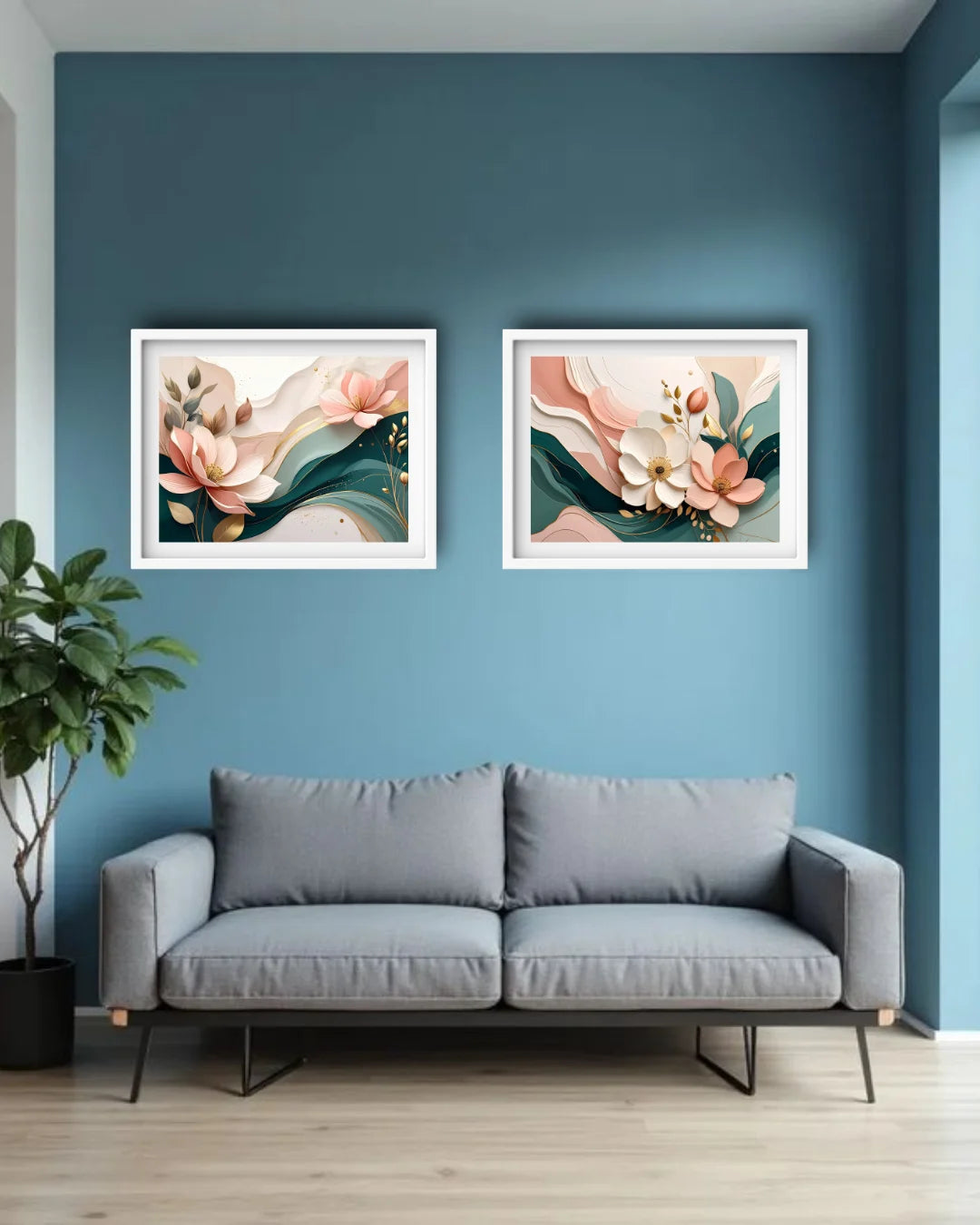 lotus floral canvas artwork displayed in cozy and elegant living room