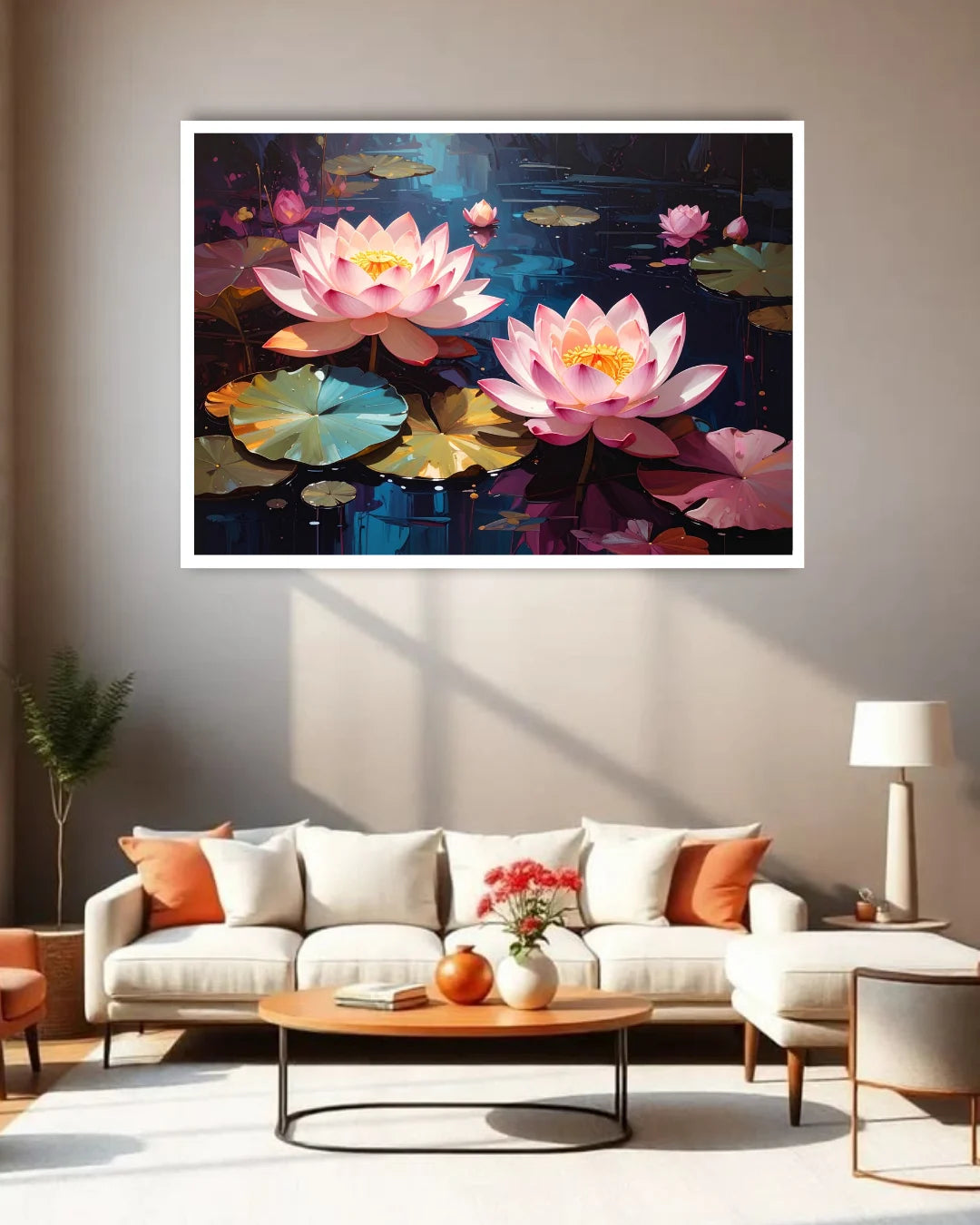 lotus flower wall art canvas in modern living room decor