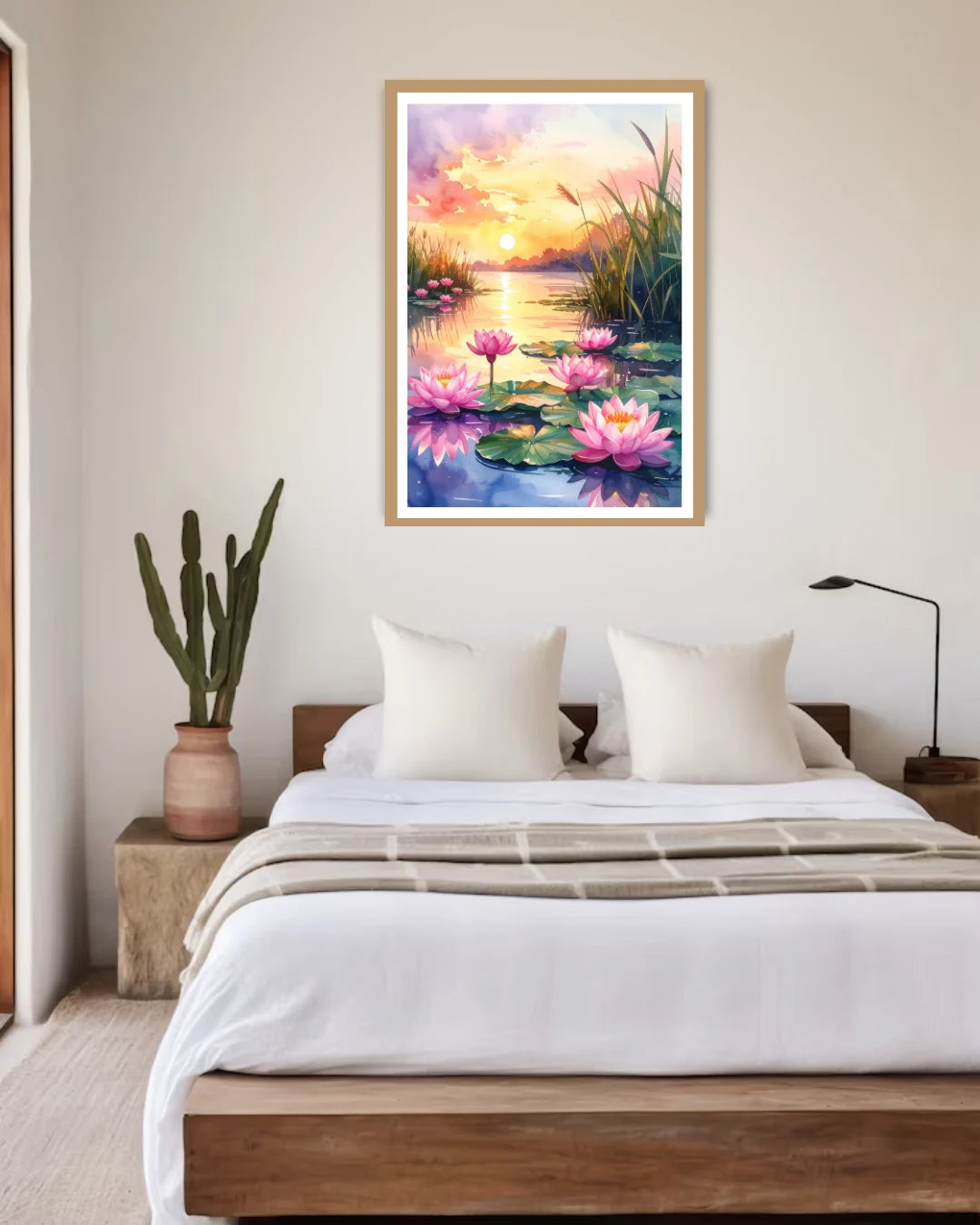 lotus pond sunset painting displayed above bed in bedroom