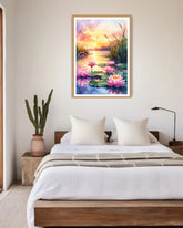 lotus pond sunset painting displayed above bed in bedroom