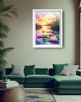 lotus sunset painting displayed in cozy living room setup