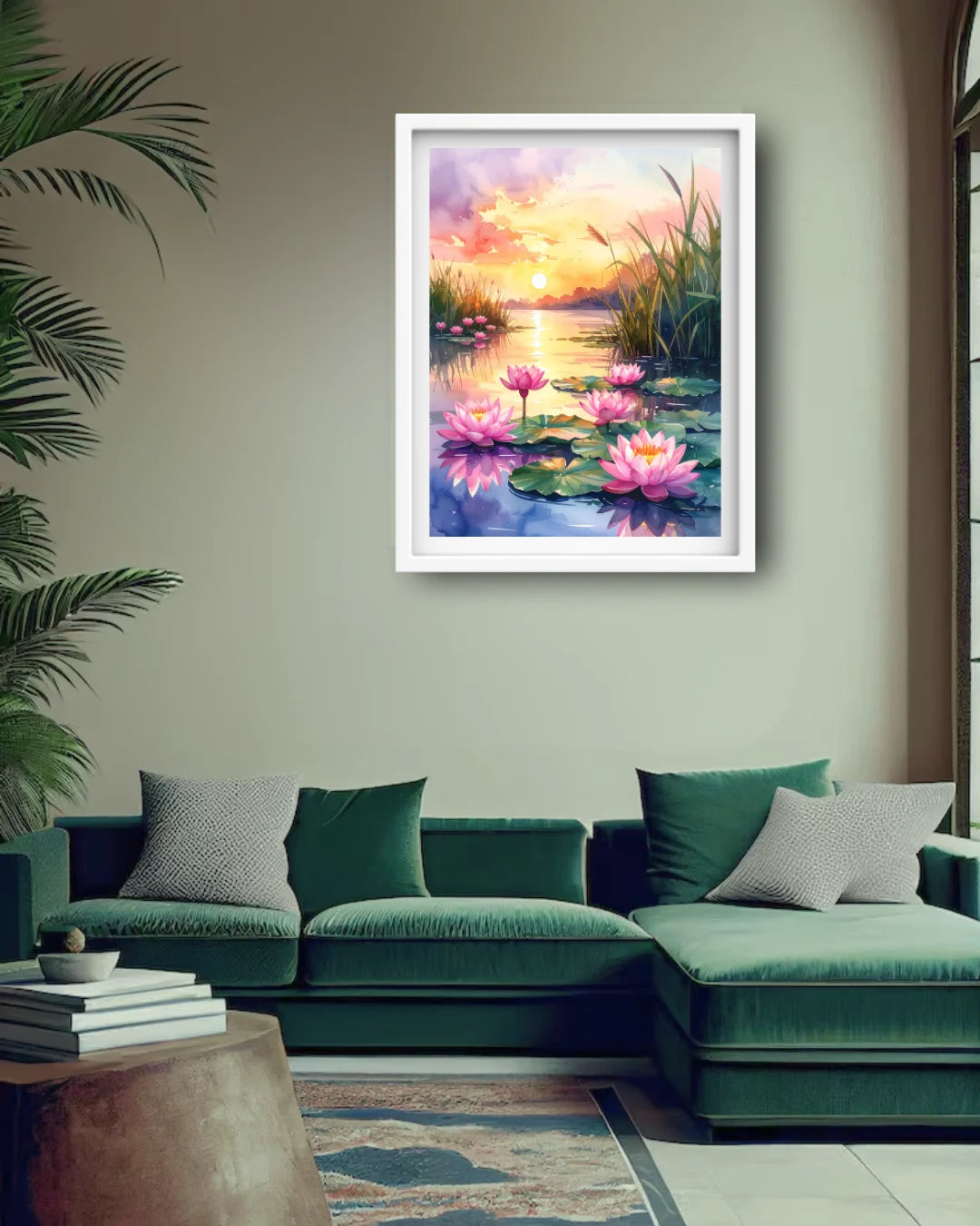 lotus sunset painting displayed in cozy living room setup