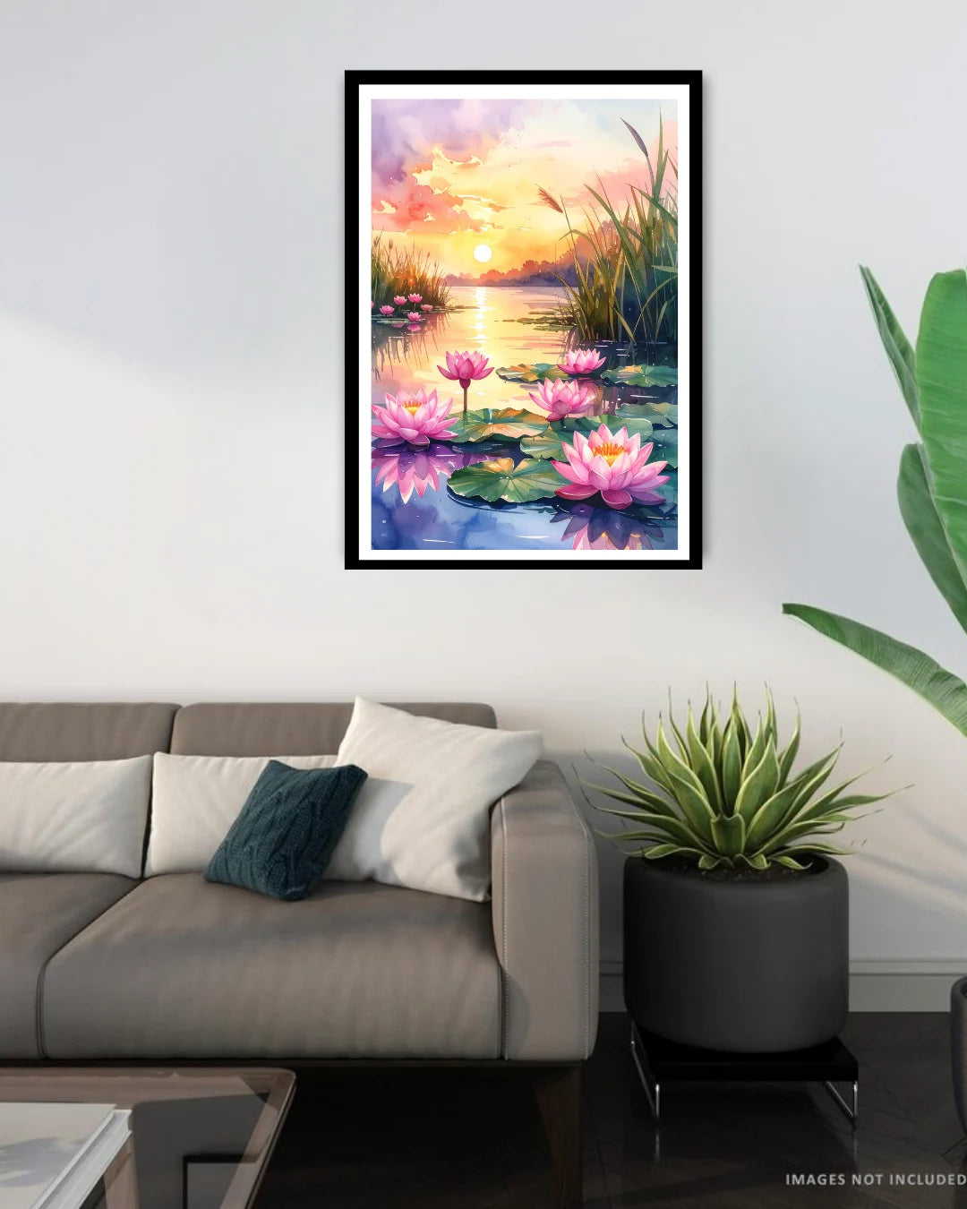 lotus sunset wall art canvas displayed in modern living room interior