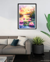 lotus sunset wall art canvas displayed in modern living room interior