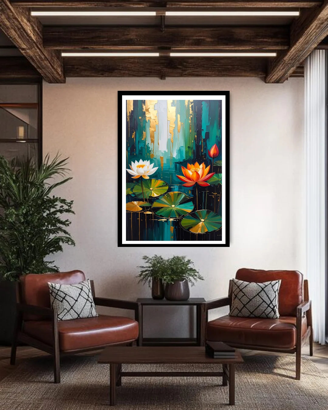 lotus pond wall art canvas in modern living room decor