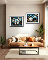 blue floral canvas artwork displayed in cozy and premium living room