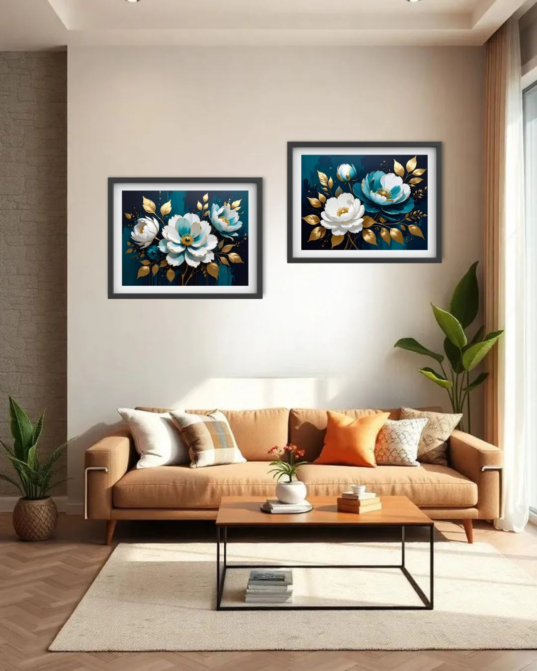blue floral canvas artwork displayed in cozy and premium living room