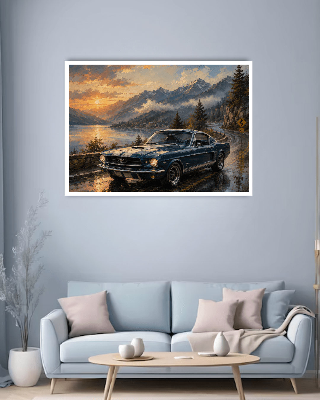 automotive canvas art in modern living room interior