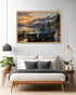 A framed art print depicting a classic dark blue muscle car on a winding mountain road at sunset, displayed on a light gray wall above a modern wooden bed in a styled bedroom setting.