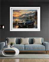luxury car canvas paiting above the blue sofa for living room
