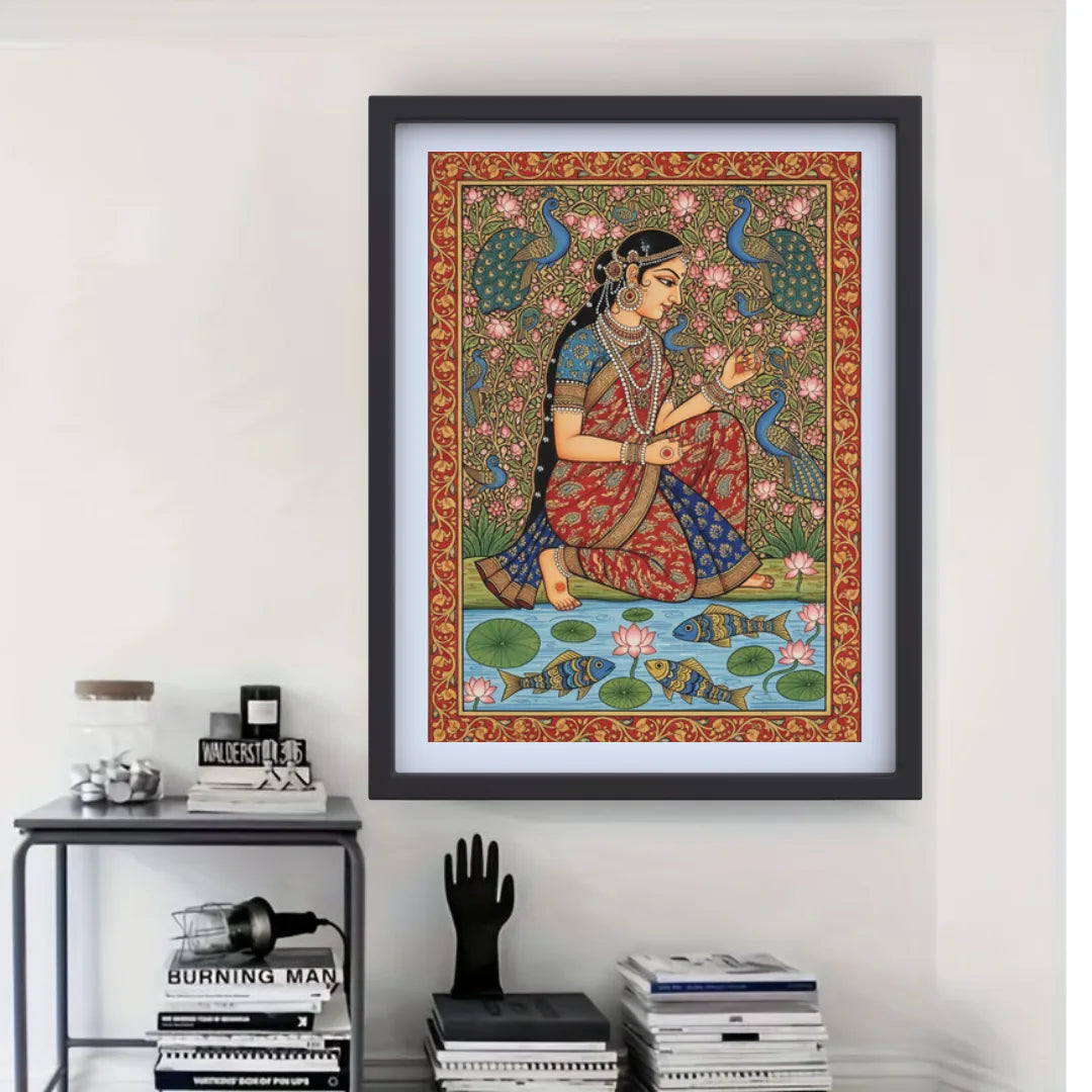 Madhubani art painting framed on wall with modern interior setup, Indian traditional home decor