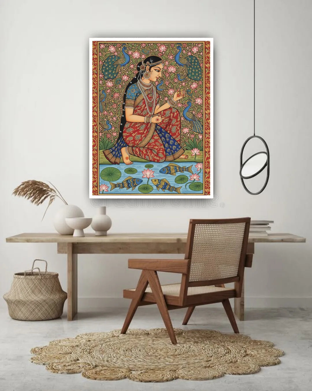 Traditional Madhubani art wall painting displayed in a modern living room, Indian ethnic wall decor for home interior
