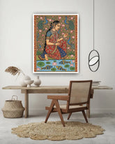 Traditional Madhubani art wall painting displayed in a modern living room, Indian ethnic wall decor for home interior