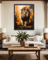 Lion canvas wall art above a wooden console table in a warm and modern home interior.