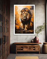 Majestic lion canvas wall art with bold orange and black tones displayed in a stylish modern living room.