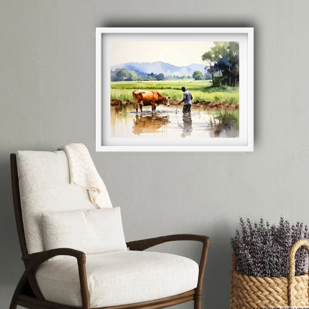 Framed landscape painting of a man and cow in a field with mountains, placed above a white armchair.