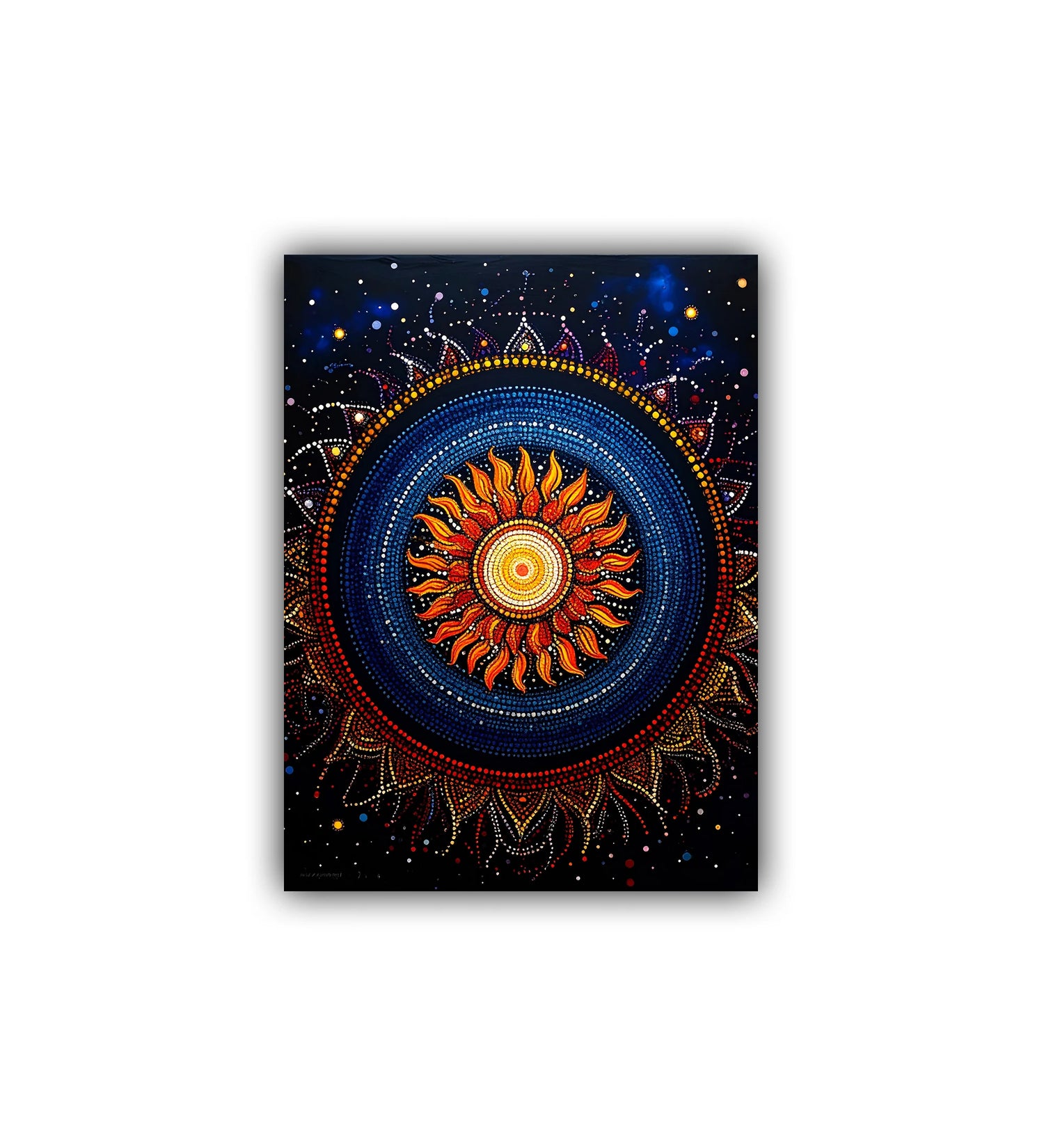 close-up of cosmic mandala wall art canvas with detailed pattern