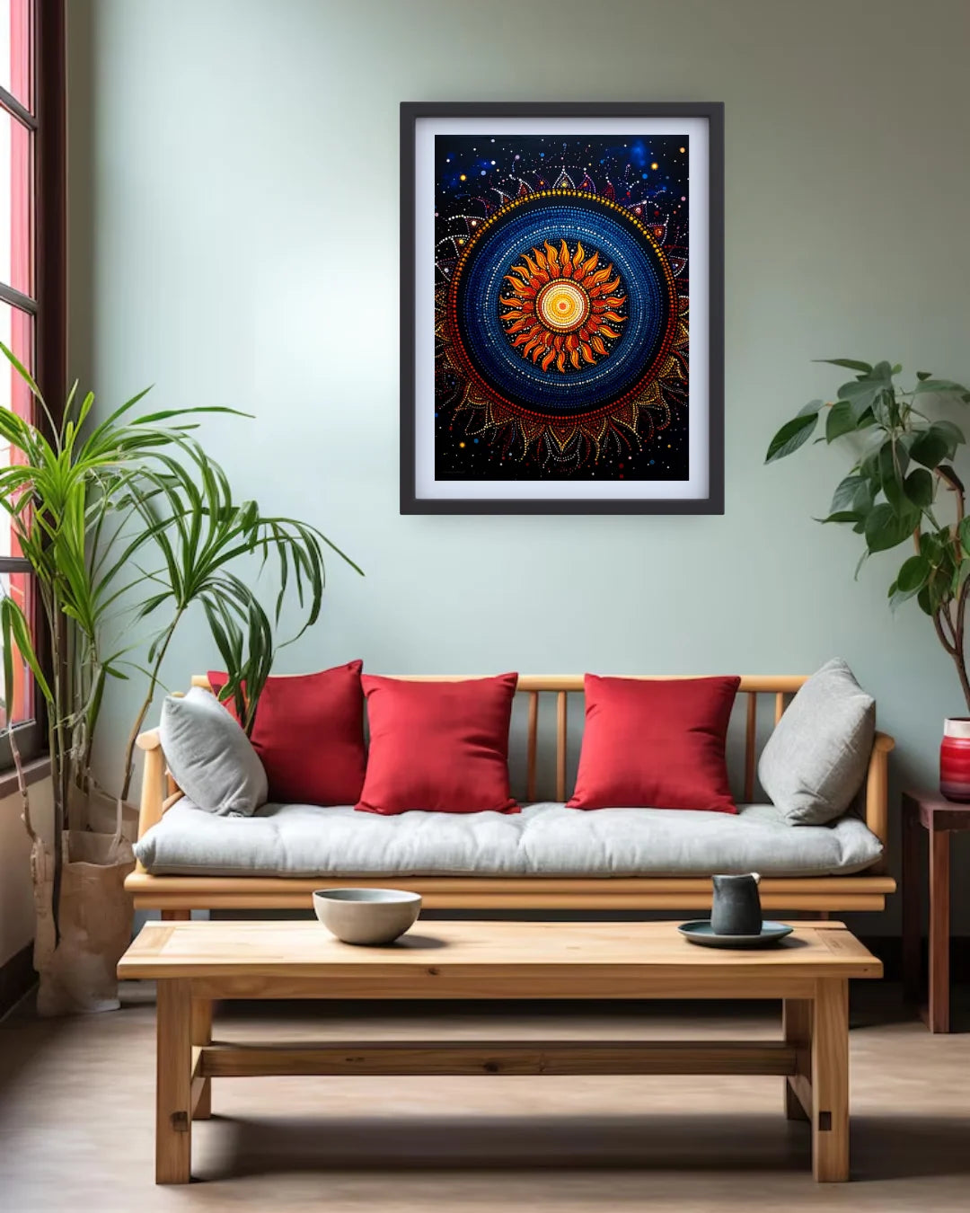 mandala artwork displayed in cozy and stylish living room