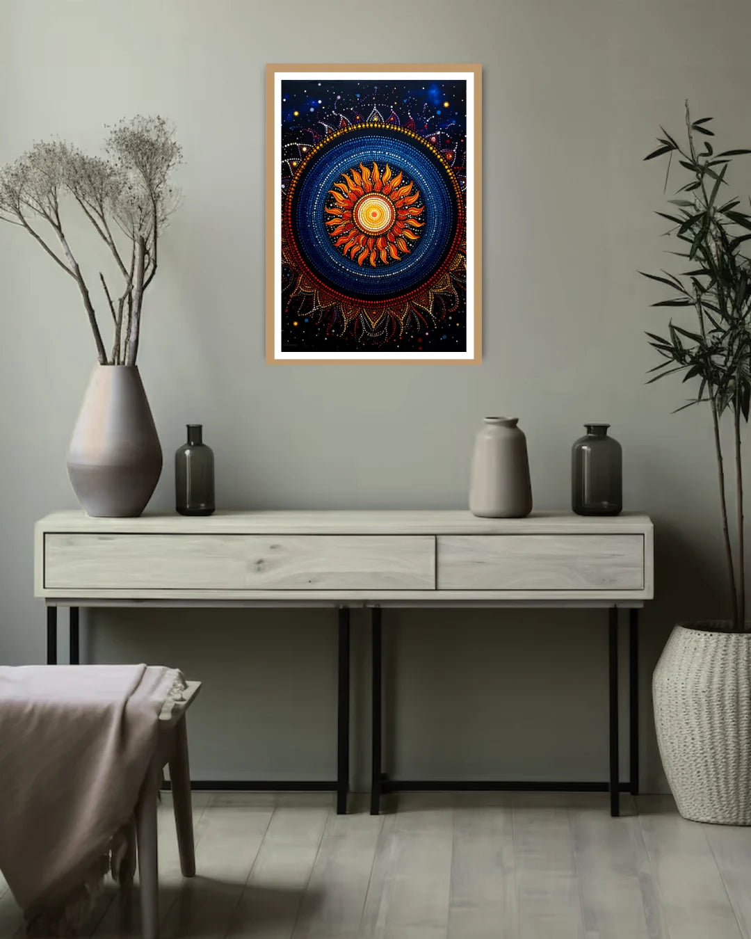 spiritual mandala painting displayed in minimal home interior