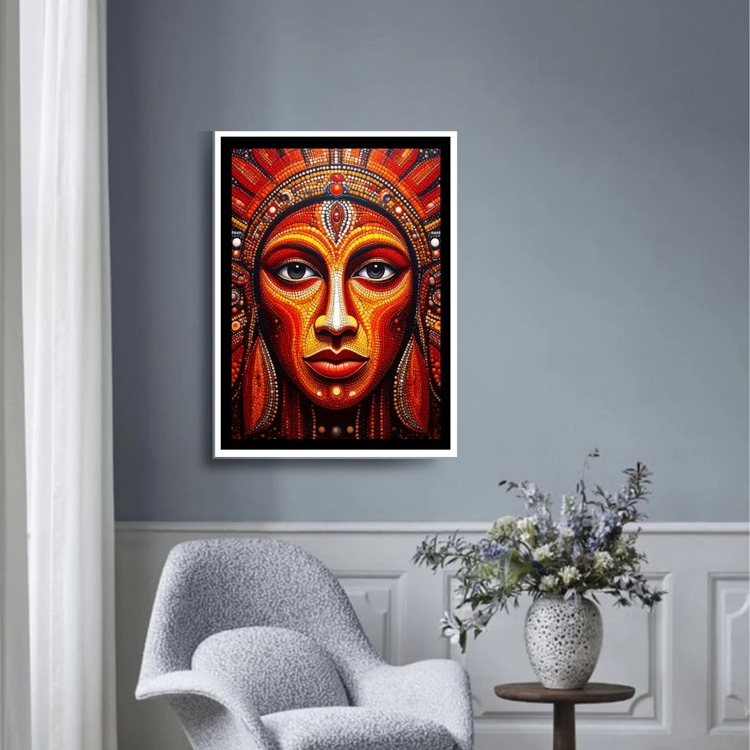 Mandala face wall painting for peaceful living room decor
