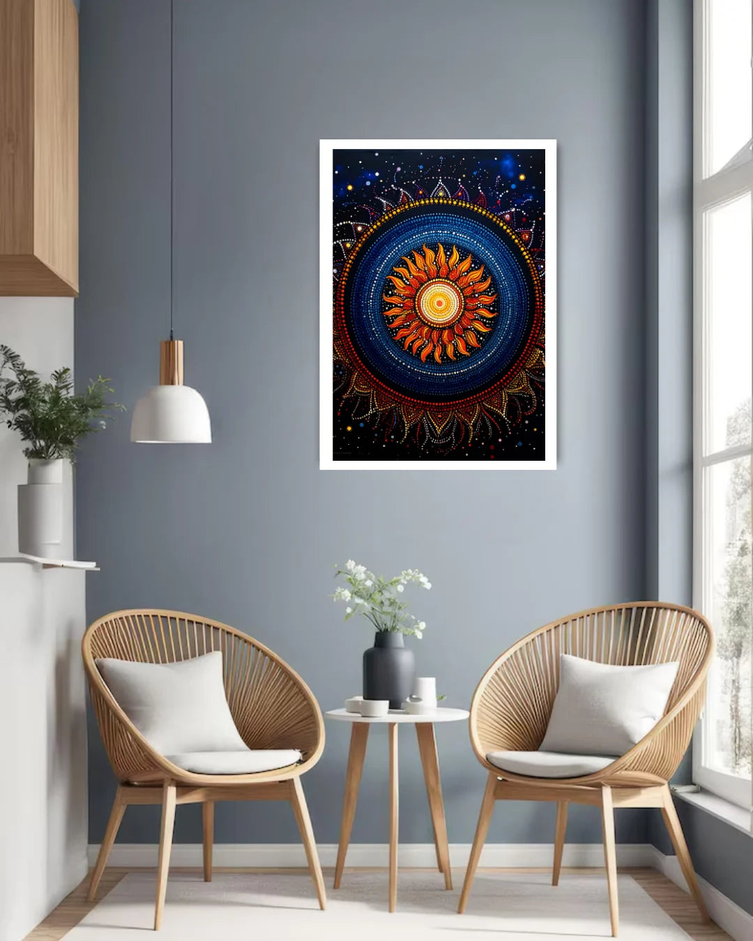 cosmic mandala wall art canvas displayed in modern living room setup