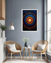 cosmic mandala wall art canvas displayed in modern living room setup