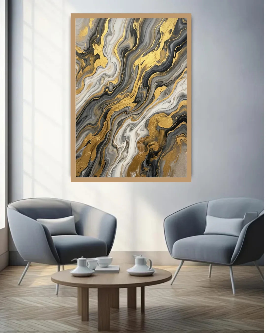 Modern living room with abstract art, chairs, and a small table.