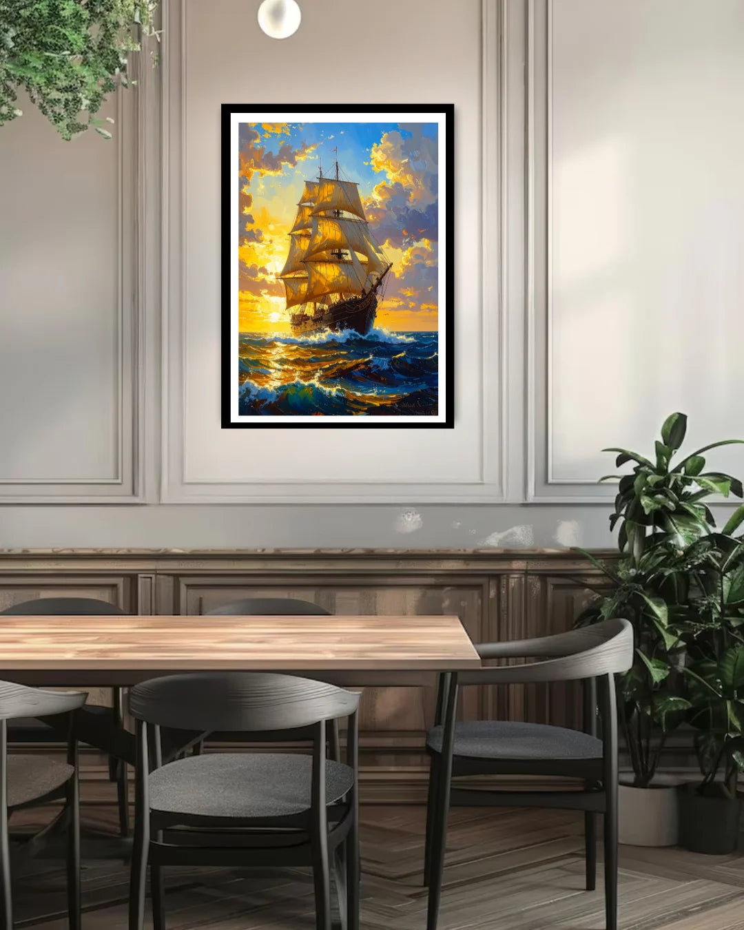 sailing ship wall art canvas in modern interior decor setting