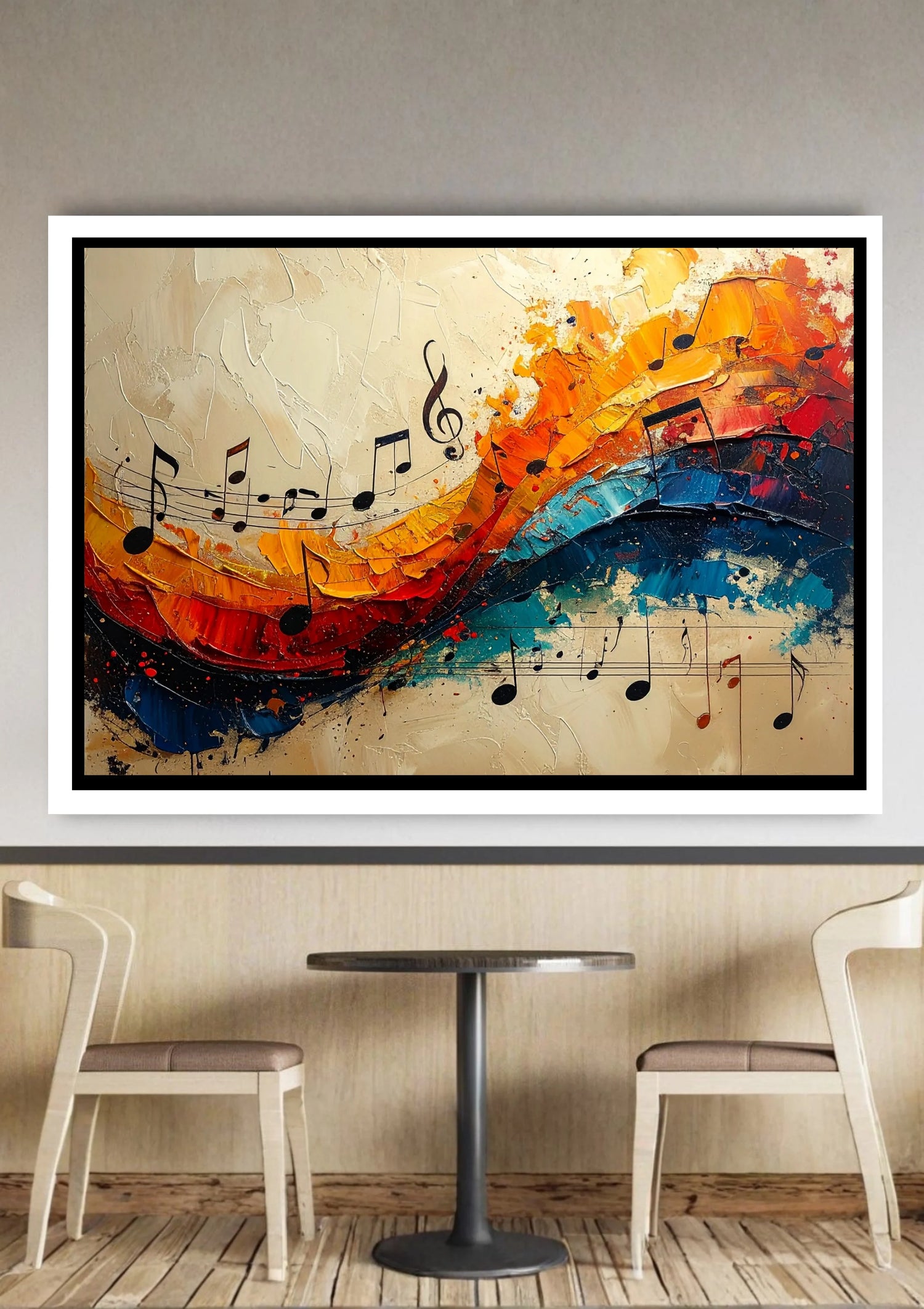 Colorful abstract melody artwork displayed in a contemporary living room
