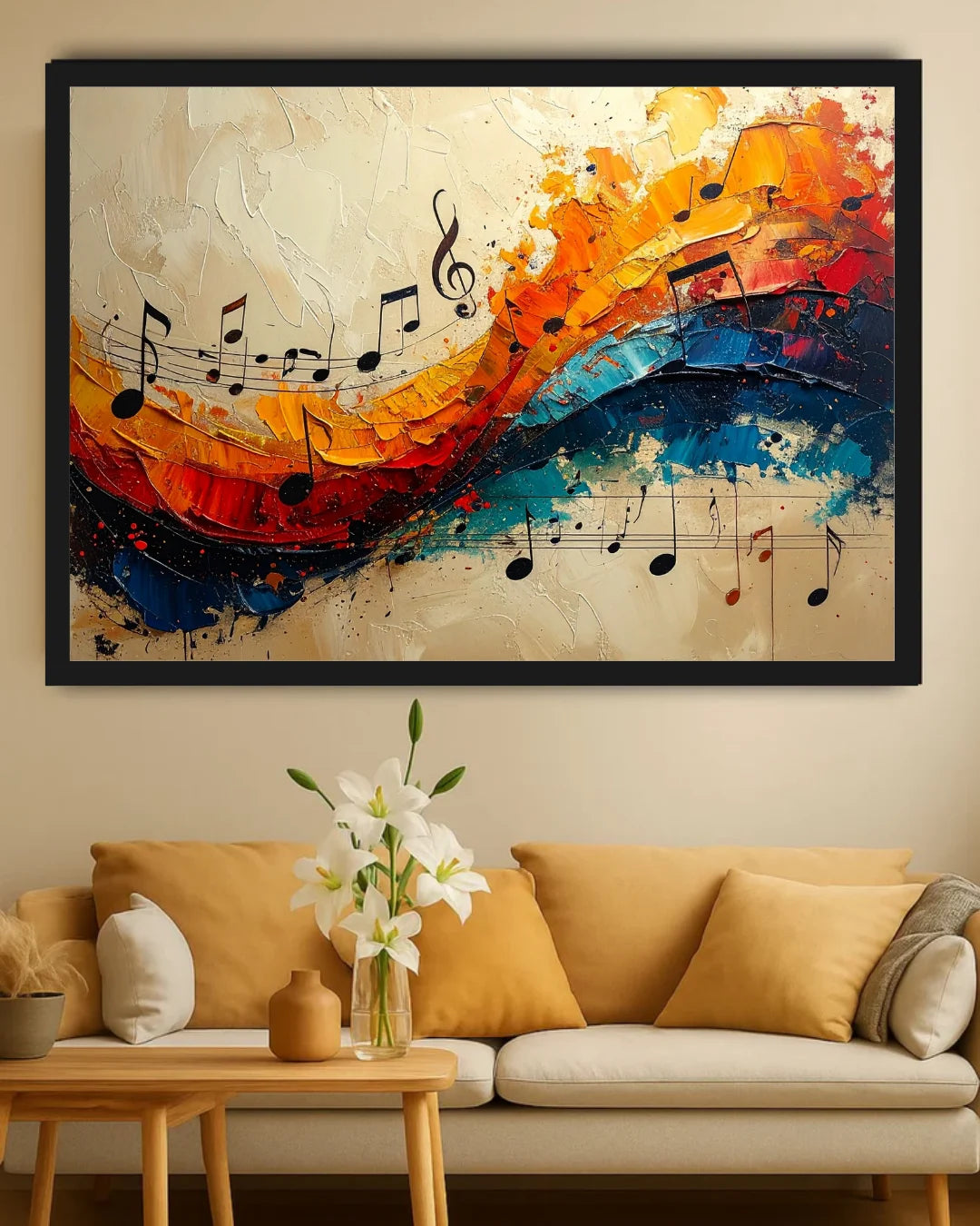 Colorful abstract painting of musical notes above a yellow sofa with a vase and flowers on a side table.