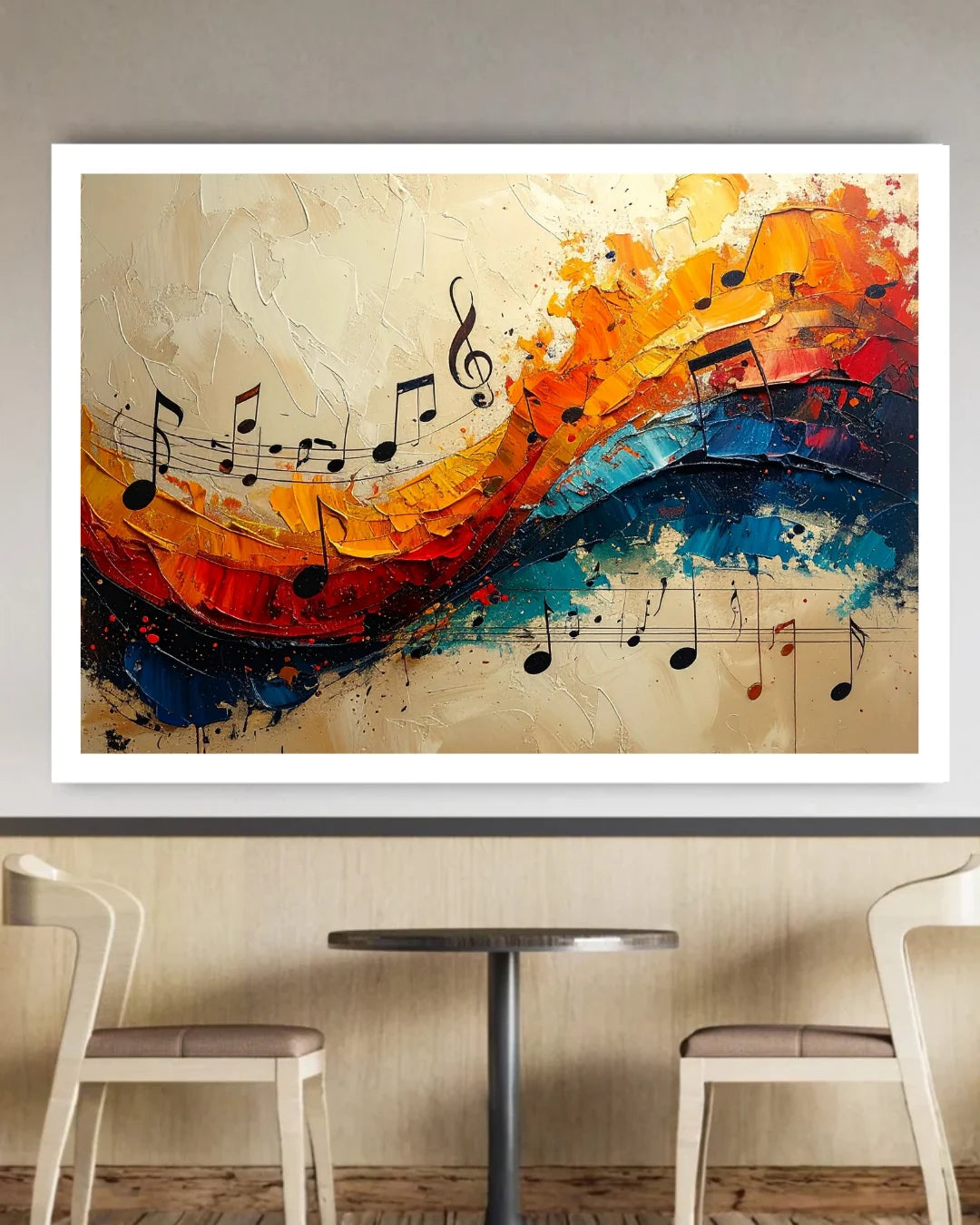 Colorful abstract painting of musical notes on a wall above a table and chairs.