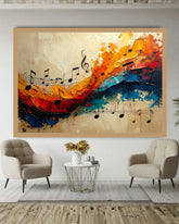 Colorful abstract painting of musical notes in a living room setting with two chairs and a small table.