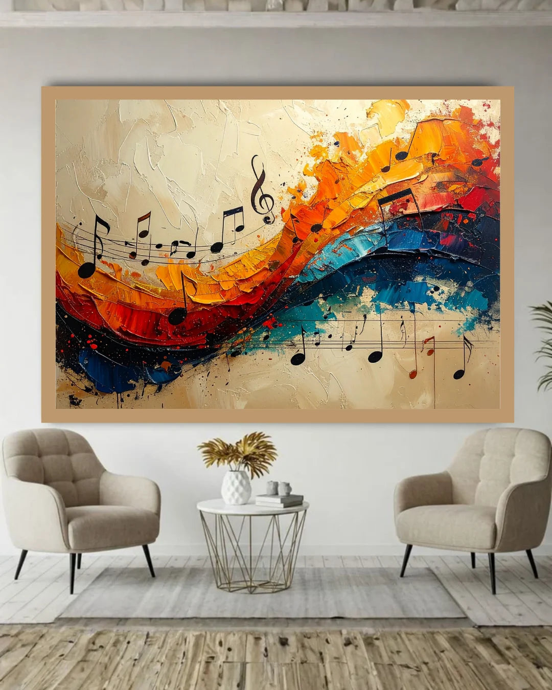 Colorful abstract painting of musical notes in a living room setting with two chairs and a small table.