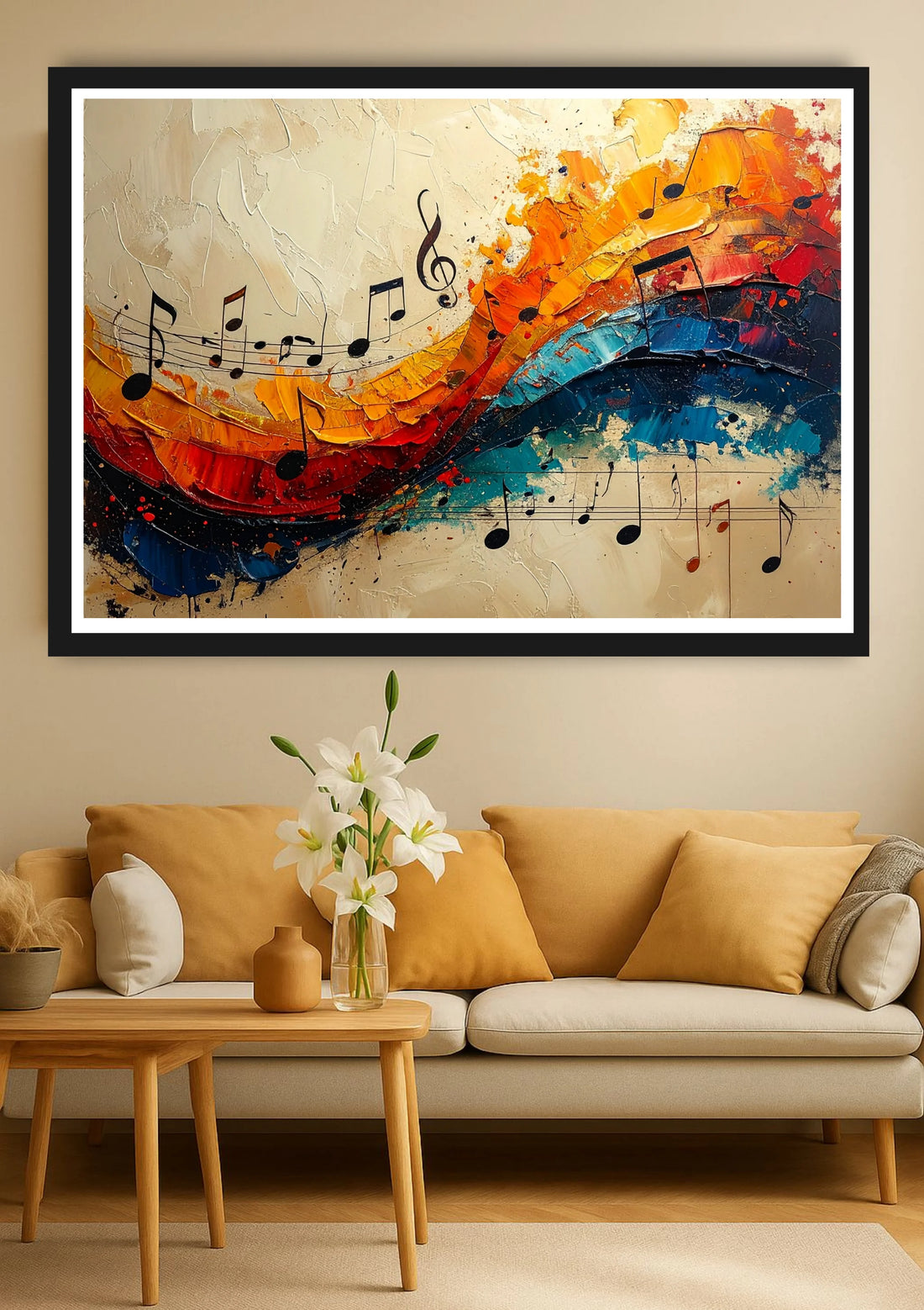 Abstract musical painting with flowing melody waves and vibrant colors