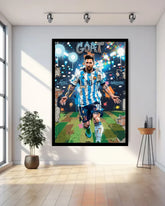 Framed poster of a soccer player in a colorful setting on a wall in a room with a plant and side table.