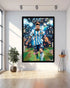 Framed poster of a soccer player in a colorful setting on a wall in a room with a plant and side table.