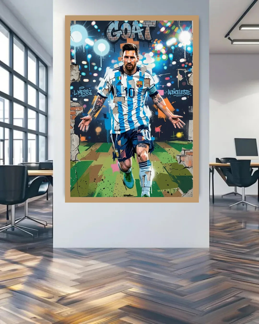 Framed poster of a soccer player in a modern office setting