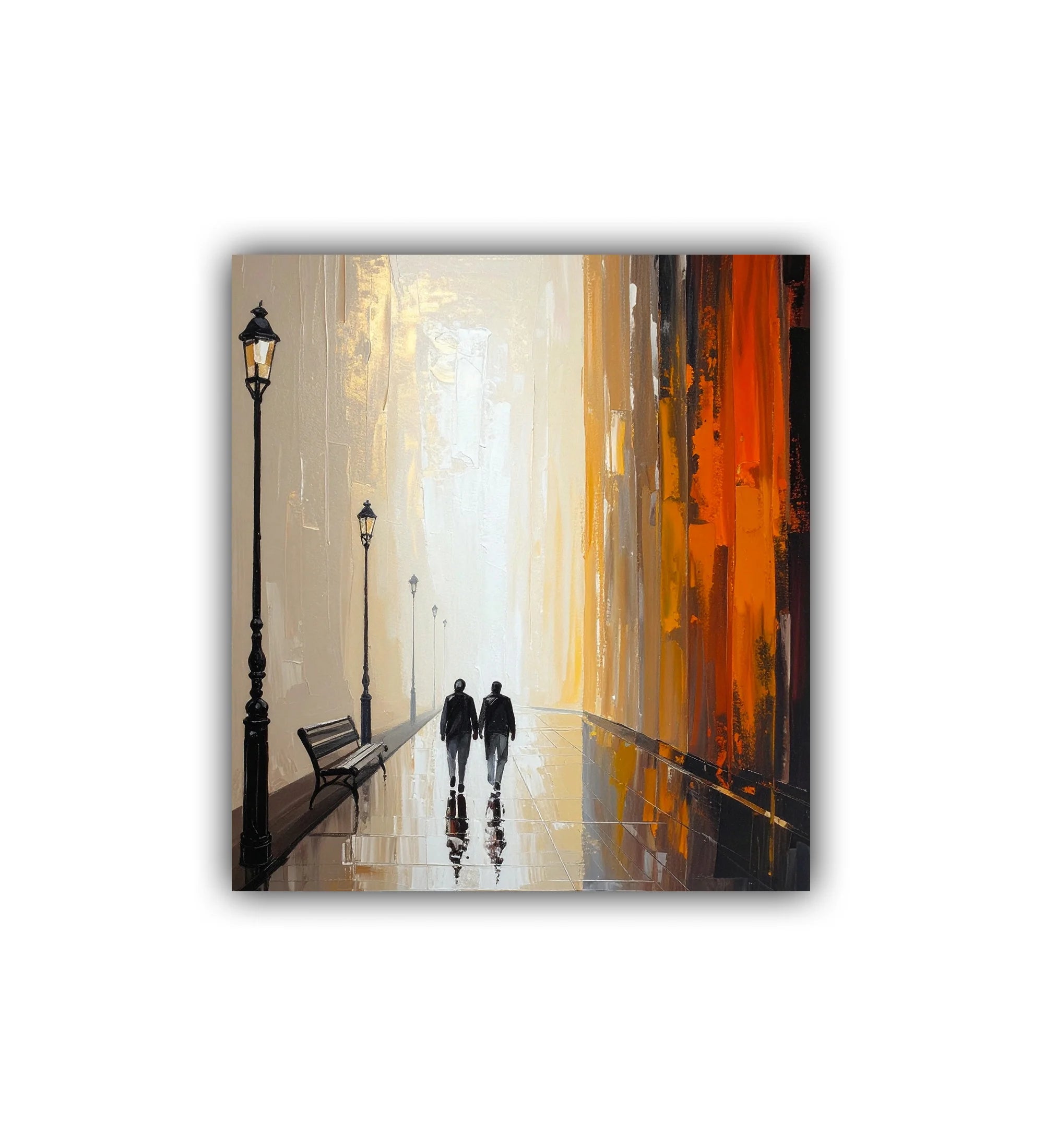 close-up of minimal abstract city wall art canvas with couple