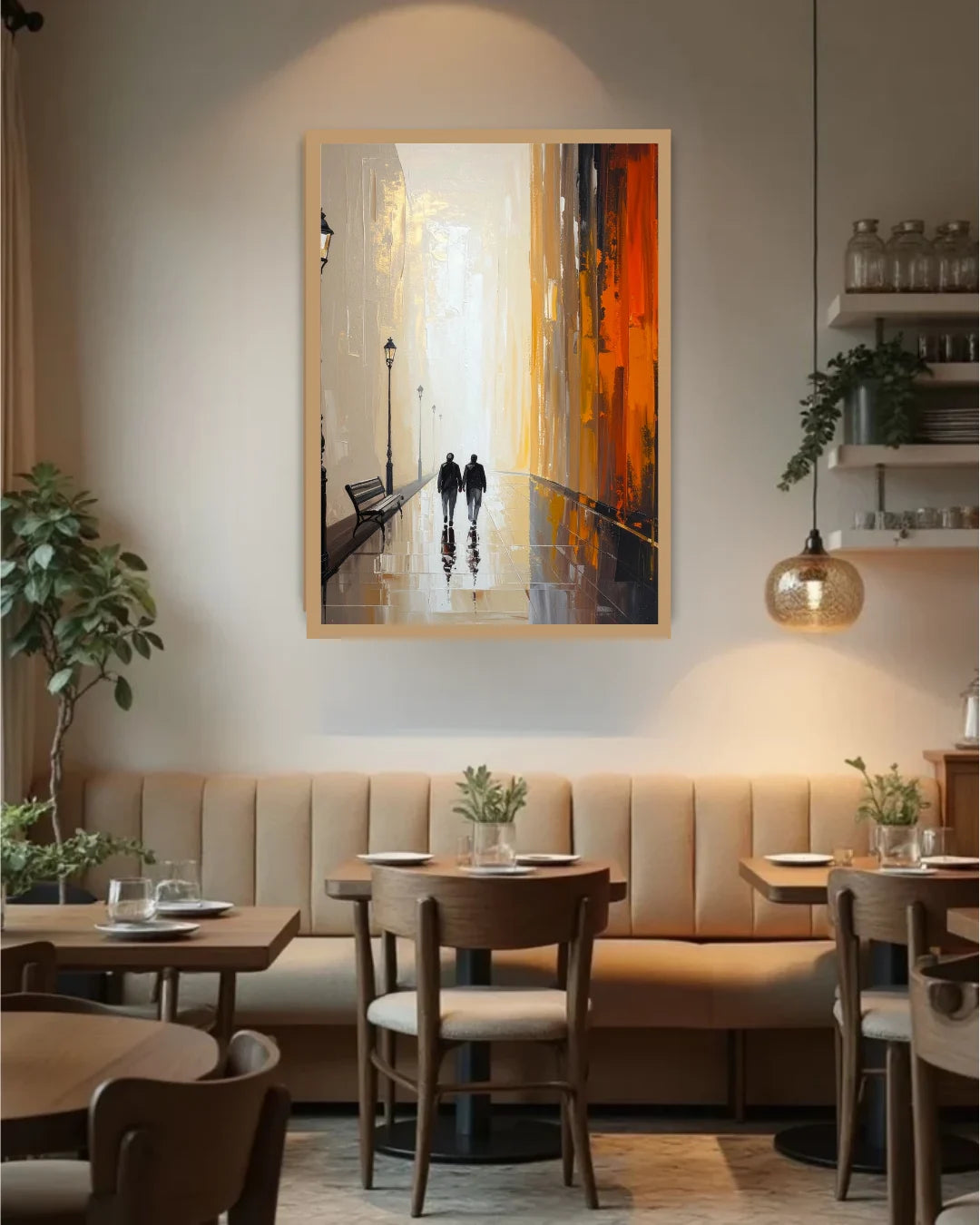 Abstract City Walk Canvas Wall Art Painting for Modern Restaurant and Cafe Decor