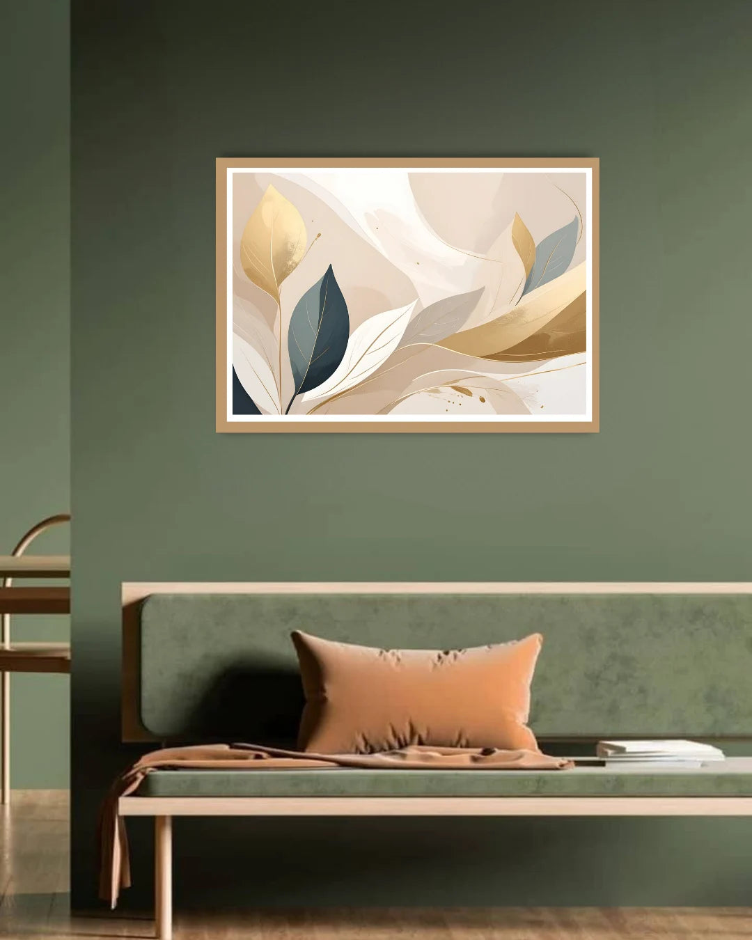 minimal abstract leaves wall art canvas in modern home decor setup