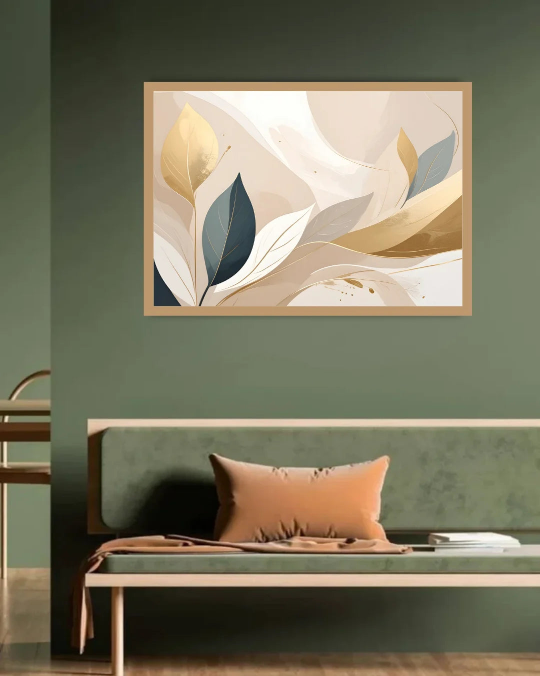 minimal abstract leaves wall art canvas in modern home decor setup