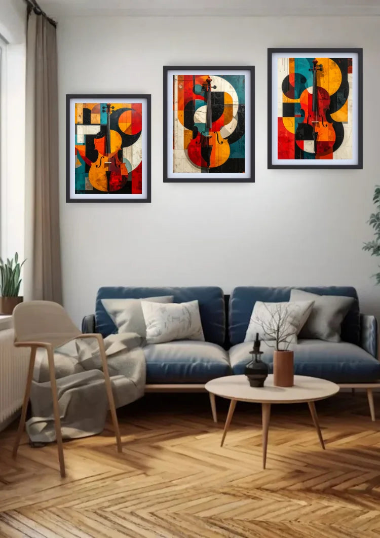 Contemporary abstract musical canvas wall art adding bold color to a modern luxury living room.