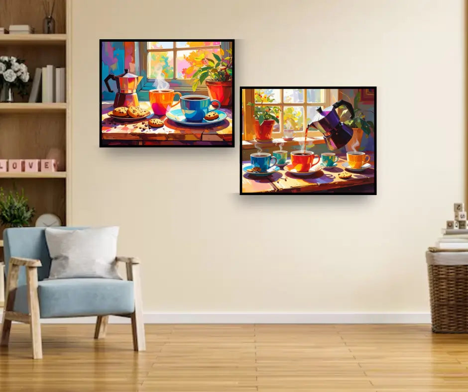 Modern cafe coffee wall art canvas set for kitchen and dining area