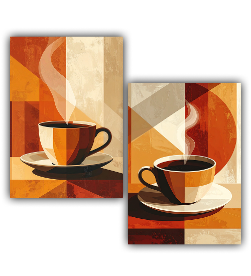 Modern coffee cup canvas wall art set with abstract design