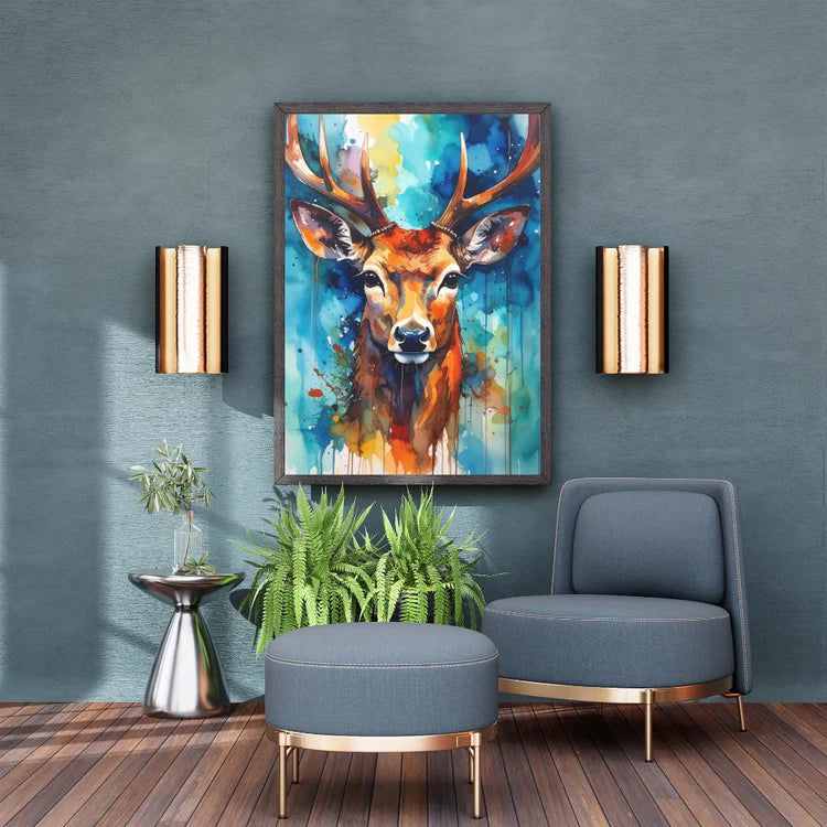 Modern deer canvas wall art set displayed in home interior