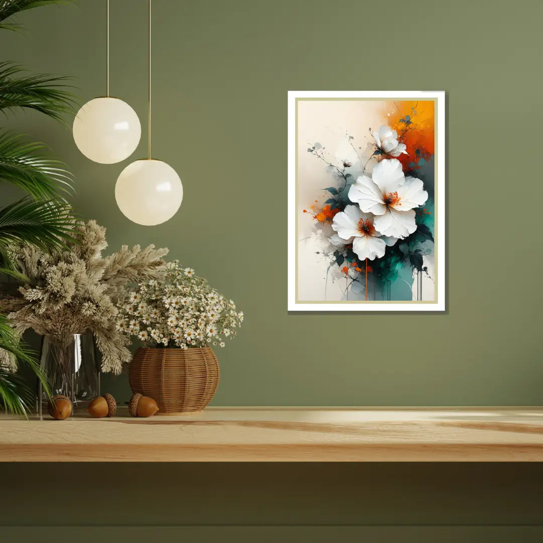 Modern floral canvas wall art on green accent wall
